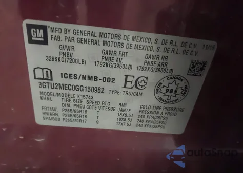 2016 GMC Sierra 1500 Sle from USA, damaged, VIN 3GTU2MEC0GG150962